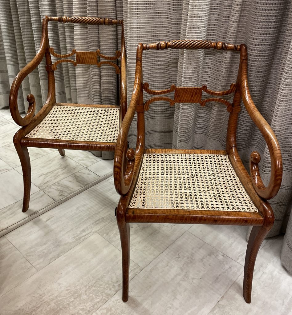 19th-century Curved Armchairs with Caned Seats